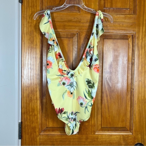 H & M Yellow Floral Deep V Neck With Ruffle Trim One Piece Swimsuit Women's 10 - Picture 12 of 12